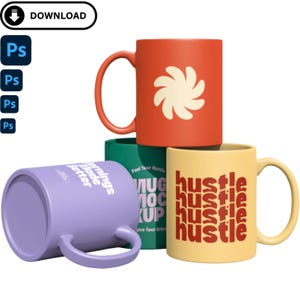 May include: Four coffee mugs in various colors: red with a white floral design, green with text, yellow with the word "hustle" repeated, and purple with text. The mugs are stacked and arranged for display.