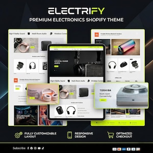 Può includere: Immagine promozionale per il tema Shopify Electrify Premium Electronics. L'immagine mostra vari prodotti elettronici, tra cui cuffie, altoparlanti e apparecchiature audio. Il design evidenzia funzionalità come audio ad alta fedeltà, multi-room e connettività wireless.