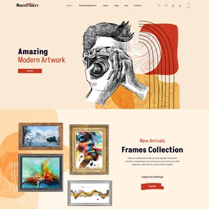 Könnte beinhalten: Website-Homepage für Brushstrokes mit moderner Kunst und einer Rahmenkollektion. Das Design umfasst eine Skizze einer Person mit einer Kamera, gerahmte Gemälde und Text mit der Aufschrift "Amazing Modern Artwork" und "New Arrivals Frames Collection."