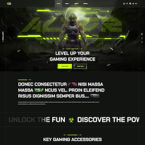 Peut inclure: Conception de site web pour un magasin de jeux vidéo, avec un graphisme de soldat futuriste. Le site utilise un thème sombre avec des accents vert néon. Le texte comprend "Level Up Your Gaming Experience" et "Key Gaming Accessories."