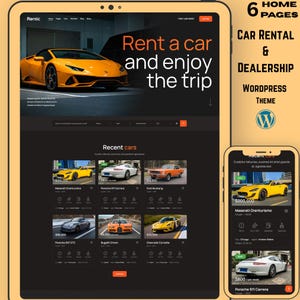 May include: A website design for car rental and dealership services. The design features a bright yellow sports car, with the text "Rent a car and enjoy the trip." The design also includes a mobile phone view of the website.