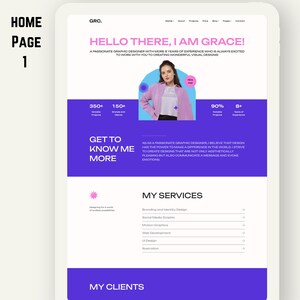 May include: A digital tablet displaying a website design. The website features a header with the text "HELLO THERE, I AM GRACE!" and a photo of a woman. The site also includes sections for services, projects, and client information.