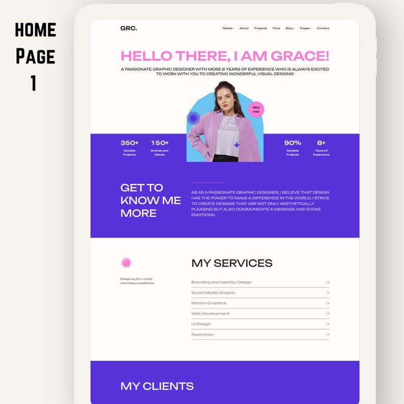 May include: A digital tablet displaying a website design. The website features a header with the text "HELLO THERE, I AM GRACE!" and a photo of a woman. The site also includes sections for services, projects, and client information.