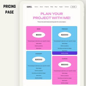 May include: A digital pricing page on a tablet, featuring a pink and blue color scheme. The page displays four pricing tiers: Basic ($500), Premium ($2000), Standard ($3000), and Custom ($5000), with service details listed below each.