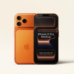 May include: Orange iPhone 17 Pro mockup with three rear cameras and the Apple logo. The phone on the right displays the text "iPhone 17 Pro Mockup" and "Change Your Design With Smart Object Features."