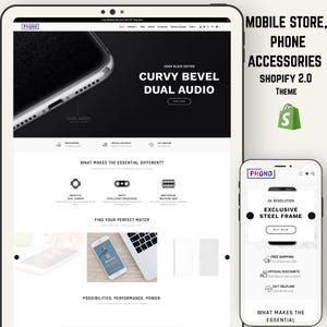 Può includere: Un design di sito web per un negozio mobile, che presenta accessori per telefoni. Il design presenta una combinazione di colori in bianco e nero con il testo "CURVY BEVEL DUAL AUDIO" e "EXCLUSIVE STEEL FRAME". Viene visualizzato anche il tema Shopify 2.0.