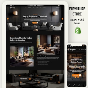May include: A website design for a furniture store, showcasing a modern aesthetic. The site features images of living room furniture, including sofas, chairs, and tables. The color scheme is dark with orange accents, and the site is optimized for Shopify 2.0.
