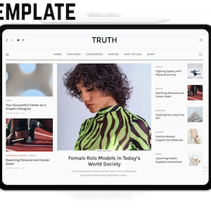 Peut inclure: Une tablette numérique affichant un modèle de blog avec le mot "TRUTH" en haut. L'écran montre une mise en page de site web avec des articles, des images et le texte "Female Role Models in Today's World Society". Le mot "BLOGGING" est à gauche.