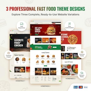 May include: Image showcasing three professional fast food theme website designs. The designs feature homepage variations for fried chicken, burgers, and pizza. The websites are fully responsive, with easy customization and premium images.