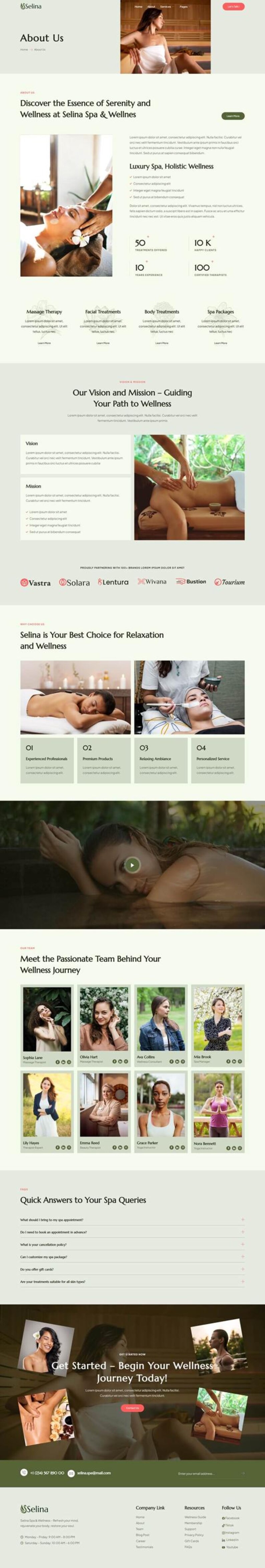 May include: Website for Selina Spa & Wellness, showcasing a woman in a sauna. The page details spa services, vision, mission, team, and contact details. The site promotes relaxation and wellness, with a focus on holistic treatments.