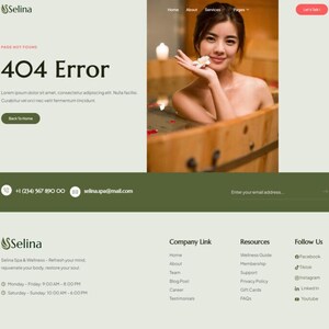 May include: A website page displaying a 404 error message. The Selina logo is at the top, with navigation links. A photo of a woman in a wooden tub is present. The text reads "404 Error", with contact details and a "Back to Home" button.