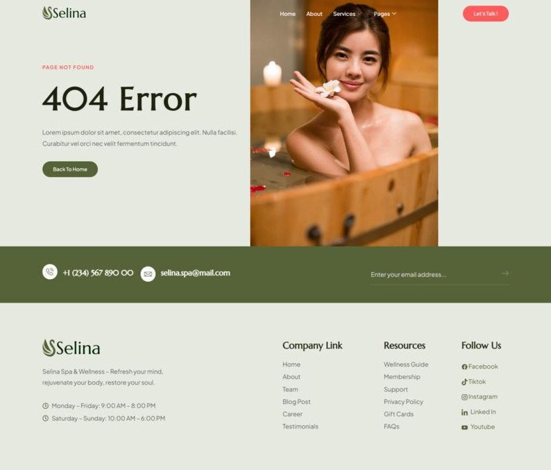 May include: A website page displaying a 404 error message. The Selina logo is at the top, with navigation links. A photo of a woman in a wooden tub is present. The text reads "404 Error", with contact details and a "Back to Home" button.