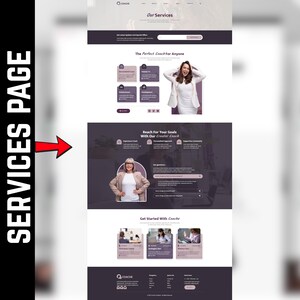 May include: A website services page with the text "Our Services" and "The Perfect Coach For Anyone." The page features images of people and sections with text. The website's color scheme is white and purple.