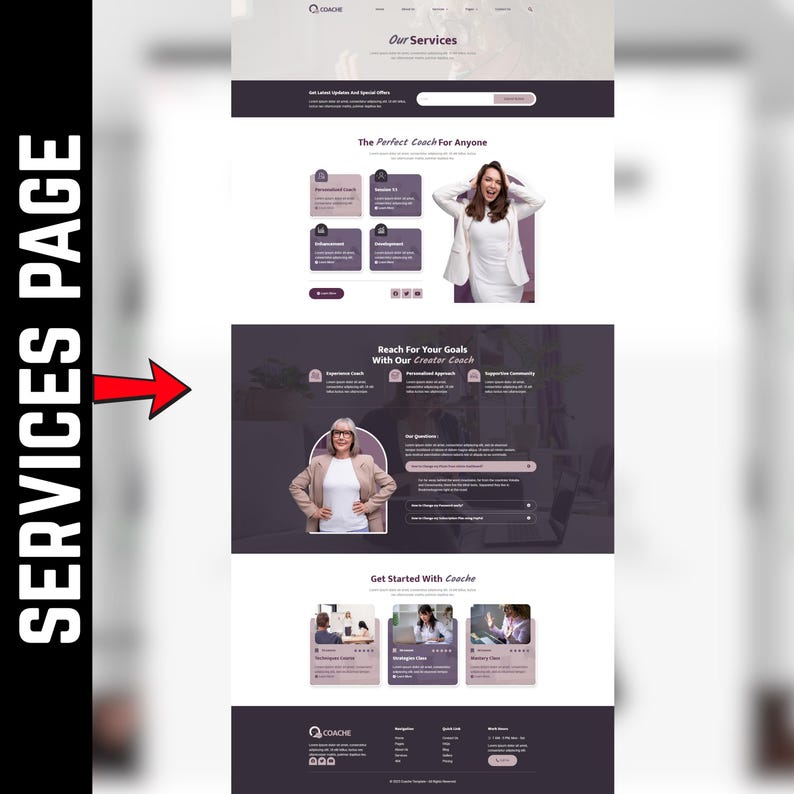 May include: A website services page with the text "Our Services" and "The Perfect Coach For Anyone." The page features images of people and sections with text. The website's color scheme is white and purple.