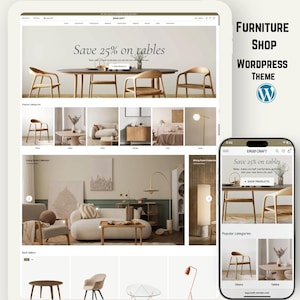 以下が含まれることがあります： タブレットとスマートフォンに表示された家具店のウェブサイトデザイン。テーブル、椅子、ソファ、その他のインテリアアイテムの写真が掲載されています。「Save 25% on tables」のテキストが表示されています。