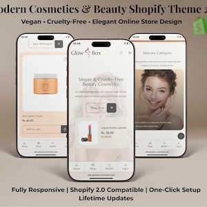 May include: Three smartphones showcasing a modern cosmetics and beauty Shopify theme. The screens display product listings, including skincare and makeup, with the text "Vegan & Cruelty-Free Beauty Cosmetics". The theme is described as fully responsive and Shopify 2.0 compatible.