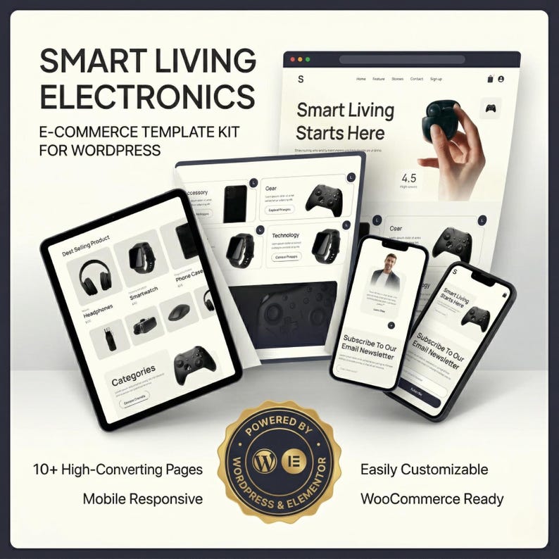 High-quality preview of an e-commerce electronics store Elementor template kit for WordPress. The layout features a clean, modern design perfect for tech shops, gadget stores, and online digital markets. Showcasing ready-to-use pages like Home, About Us, Products, and Contact. Optimized for seamless shopping experiences with responsive, no-code global theme styles and integrated WooCommerce setup.