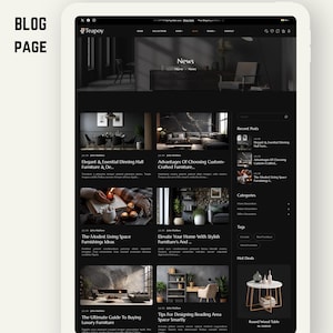K&ouml;nnte beinhalten: Eine dunkel gehaltene Blogseite auf einem Tablet, die Artikel &uuml;ber M&ouml;bel und Wohnkultur pr&auml;sentiert. Die Seite hat einen schwarzen Hintergrund mit wei&szlig;em Text und Bildern von M&ouml;beln und Innenarchitektur. Der Blog hei&szlig;t Teapoy.