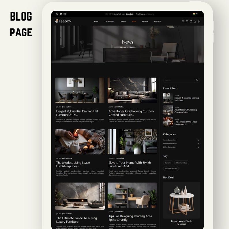 K&ouml;nnte beinhalten: Eine dunkel gehaltene Blogseite auf einem Tablet, die Artikel &uuml;ber M&ouml;bel und Wohnkultur pr&auml;sentiert. Die Seite hat einen schwarzen Hintergrund mit wei&szlig;em Text und Bildern von M&ouml;beln und Innenarchitektur. Der Blog hei&szlig;t Teapoy.
