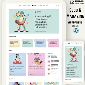 May include: A website design showcasing a blog and magazine WordPress theme. The design features a tablet and smartphone display with colorful illustrations and text. The text includes "Announcing if attachment resolution sentiments admiration."
