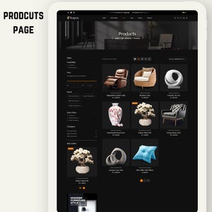 K&ouml;nnte beinhalten: Ein digitaler Bildschirm einer E-Commerce-Website f&uuml;r moderne M&ouml;bel. Die Seite zeigt verschiedene Produkte, darunter Sofas, Kunstsets und Blument&ouml;pfe. Das Design der Website ist elegant, mit dunklem Hintergrund und wei&szlig;em Text. Der Text "Products" ist oben sichtbar.