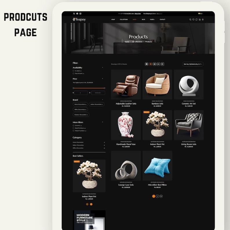 K&ouml;nnte beinhalten: Ein digitaler Bildschirm einer E-Commerce-Website f&uuml;r moderne M&ouml;bel. Die Seite zeigt verschiedene Produkte, darunter Sofas, Kunstsets und Blument&ouml;pfe. Das Design der Website ist elegant, mit dunklem Hintergrund und wei&szlig;em Text. Der Text "Products" ist oben sichtbar.