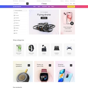 Può includere: Pagina iniziale di un sito web di elettronica. Un drone è in mostra con il testo "Flying drone" e "Shop Now". Altri prodotti includono uno smartphone, uno smartwatch, auricolari, un computer e un controller di gioco. Il sito web presenta anche altoparlanti premium, smartwatch e smartphone.