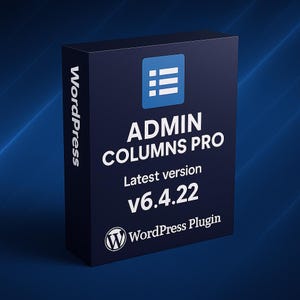 May include: A dark blue box with the text "WordPress" in white on the side. The front of the box features a blue square with a white list icon, the words "ADMIN COLUMNS PRO", "Latest version V6.4.22", and the WordPress logo.