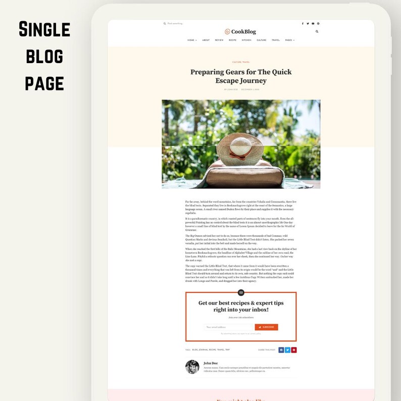 Peut inclure: Une tablette num&eacute;rique affiche une page de blog intitul&eacute;e &laquo;&nbsp;Pr&eacute;parer l'&eacute;quipement pour le voyage d'&eacute;vasion rapide&nbsp;&raquo;. La page pr&eacute;sente une photo d'un chapeau sur un oreiller, du texte et une bo&icirc;te d'abonnement. Le logo CookBlog est en haut.