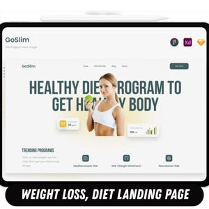 Op de afbeelding: Een tablet toont een website die een gezond dieetprogramma promoot. Het scherm toont een vrouw met een appel, met de tekst "HEALTHY DIET PROGRAM TO GET HEALTHY BODY". Onderaan staat de tekst "WEIGHT LOSS, DIET LANDING PAGE".