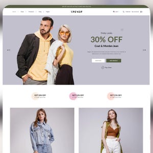 May include: Website homepage featuring a man and woman modeling clothing. The text "Pretty Looks" and "30% OFF Coat & Morden Jean" are displayed. Below are images of clothing with discount offers.