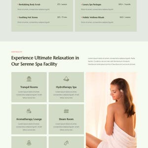 May include: A website page for Selina Spa, detailing pricing plans, spa treatments, and facility features. The page includes pricing for Basic Relaxation, Premium Rejuvenation, and Luxury Wellness packages, along with spa services.