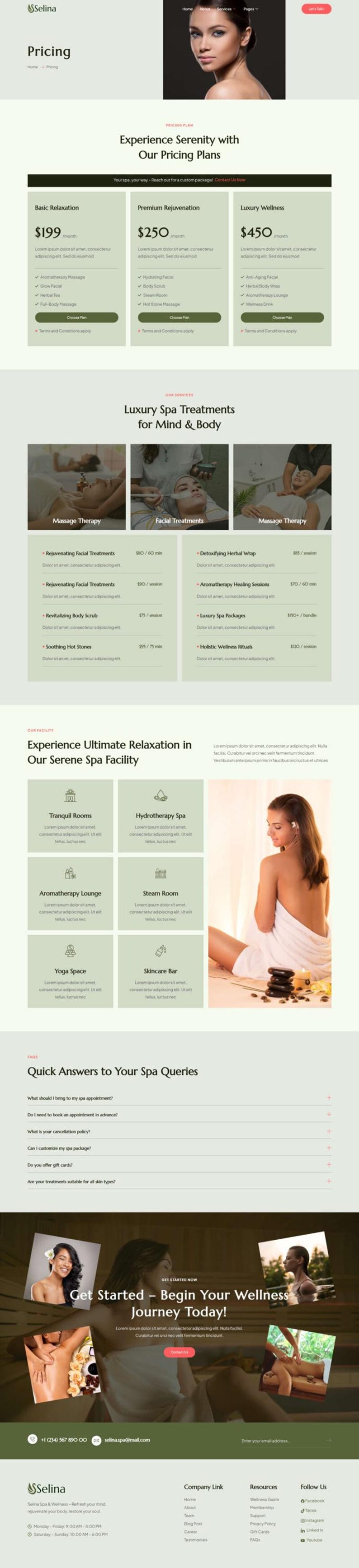 May include: A website page for Selina Spa, detailing pricing plans, spa treatments, and facility features. The page includes pricing for Basic Relaxation, Premium Rejuvenation, and Luxury Wellness packages, along with spa services.