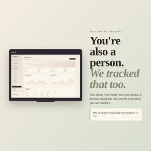 May include: A digital screen displays data visualizations and text, with the words "You're also a person. We tracked that too." The image also includes the text "Your sleep. Your mood. Your real breaks. A burnout signal that tells you the truth when you can't admit it."