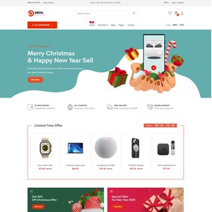 Può includere: Pagina iniziale del sito web a tema festivo. Il testo "Merry Christmas & Happy New Year Sell" è visualizzato. I prodotti in evidenza includono uno smartwatch, un laptop, un altoparlante intelligente, un caricabatterie per telefono e un sistema di home entertainment. Sono presenti anche confezioni regalo e bastoncini di zucchero.