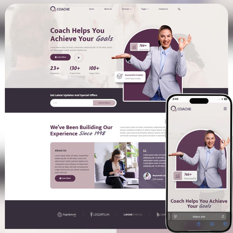 WordPress coaching and consulting Elementor template kit for creating a professional life coach website, business coach site, or mentor platform. Modern and responsive design with customizable pages for online courses, wellness coaching, career coaching, motivational speaker site, and therapy website template. Includes editable sections built with Elementor page builder, compatible with Hello Elementor theme, and ideal for personal coach templates and coaching landing pages.