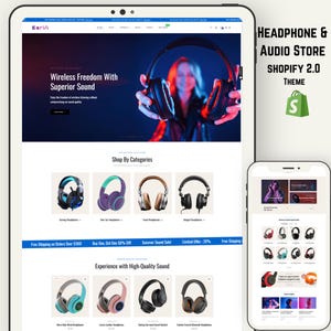 Può includere: Un mockup di sito web per un negozio di cuffie e audio. L'immagine principale mostra una persona che tiene in mano delle cuffie. Sotto ci sono immagini di categorie di prodotti di varie cuffie. Il testo recita "Wireless Freedom With Superior Sound". Un telefono cellulare mostra un layout simile.