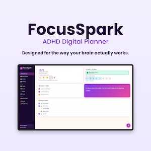 Könnte beinhalten: Eine digitale Planer-Oberfläche mit dem Text "FocusSpark ADHD Digital Planner". Der Bildschirm zeigt eine Benutzeroberfläche mit Aufgabenlisten, Gewohnheits-Trackern und einem Kalender. Das Design ist modern mit lila und weißem Farbschema.