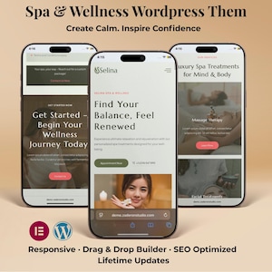 May include: Three smartphones displaying a spa and wellness website theme. The screens showcase content with the text "Get Started", "Find Your Balance", and "Luxury Spa Treatments". The theme is described as responsive, drag & drop builder, and SEO optimized.