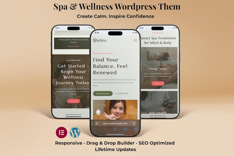 A calming and modern Spa & Wellness WordPress Elementor Template Kit designed for massage studios, beauty salons, holistic healers, and wellness professionals. This responsive template kit features 20 templates and 17 pages, easy drag-and-drop customization, soothing visuals, and mobile-friendly layouts. Perfect for creating peaceful websites for therapy, relaxation, yoga, and mindfulness brands using WordPress and Elementor Free.