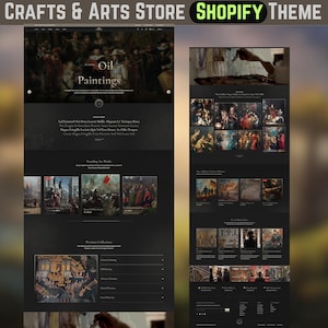 Könnte beinhalten: Dunkles Website-Design für einen Kunst- und Kunsthandwerksladen, der Ölgemälde präsentiert. Die Seite zeigt eine Galerie mit Kunstwerken, mit dem Text "Oil Paintings" und "Shopify Theme". Das Gesamtdesign ist dunkel mit weißem Text.