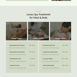 May include: Website for Selina Spa, with an appointment booking form and details of spa treatments. Includes sections on massage therapy, facial treatments, and special offers. The site uses a light green and white colour scheme.