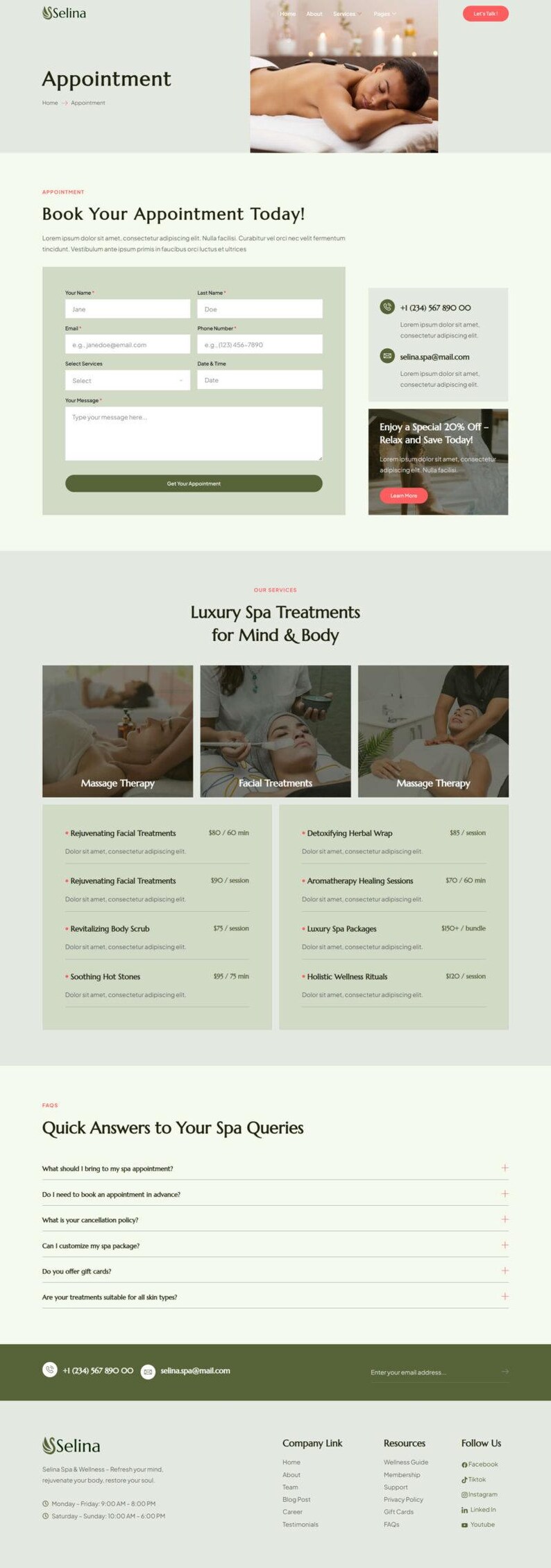 May include: Website for Selina Spa, with an appointment booking form and details of spa treatments. Includes sections on massage therapy, facial treatments, and special offers. The site uses a light green and white colour scheme.