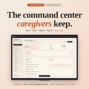 May include: A digital interface with the text "The command center caregivers keep." The screen displays health data, including vitals and patterns. The interface includes the text "Instant Download" and "One-Time Purchase."