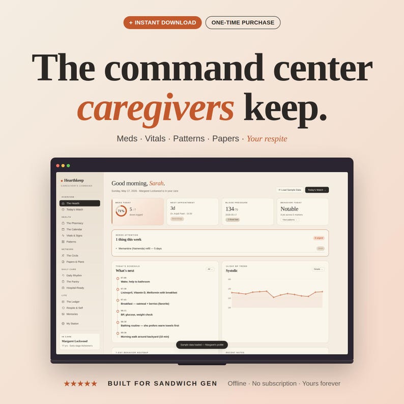 May include: A digital interface with the text "The command center caregivers keep." The screen displays health data, including vitals and patterns. The interface includes the text "Instant Download" and "One-Time Purchase."