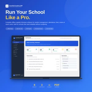 Könnte beinhalten: Ein Laptop-Bildschirm zeigt eine Benutzeroberfläche für Schulverwaltungssoftware. Die Software "Greenfield Academy SMS" zeigt ein Dashboard mit Schüler- und Mitarbeiterzahlen, aktuellen Aktivitäten und Schnellaktionen. Der Text "Run Your School Like a Pro" ist zu sehen.