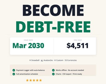 Debt Payoff Tracker, Debt Snowball & Avalanche Calculator, Credit Card Payoff, Payment Logger, Amortization Schedule And Debt Free Planner