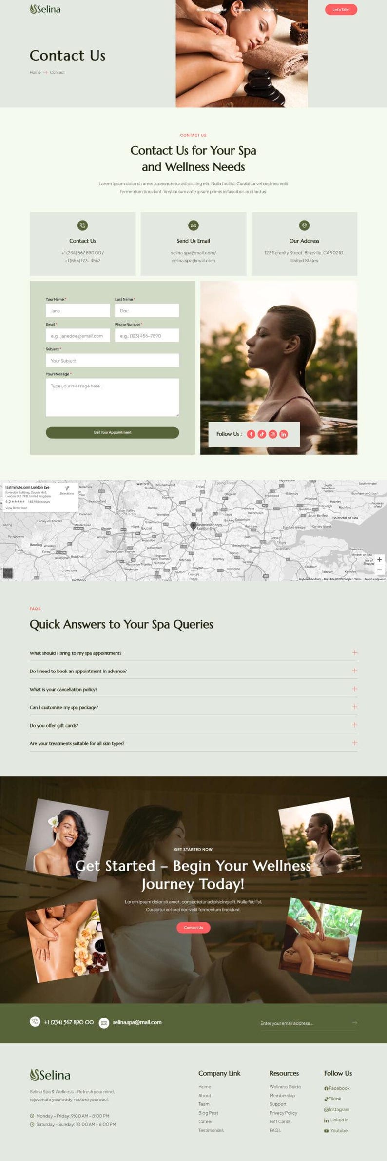 May include: A website for Selina Spa & Wellness, displaying contact details, a form, and images of spa treatments. Includes a map, FAQs, and a call to action to start a wellness journey.
