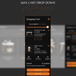 K&ouml;nnte beinhalten: Eine Warenkorb-Oberfl&auml;che mit Produktdetails. Der Warenkorb zeigt einen runden Stahl-Tisch und eine moderne Keramiklampe. Die Lampenh&ouml;he betr&auml;gt 7 bis 9,9 cm. Der Text "AJAX CART DROP DOWN" und "side sliding popup" stehen oben.