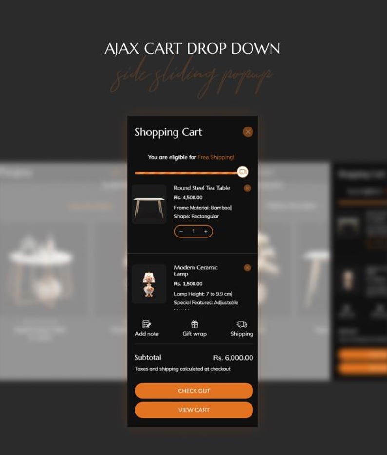 K&ouml;nnte beinhalten: Eine Warenkorb-Oberfl&auml;che mit Produktdetails. Der Warenkorb zeigt einen runden Stahl-Tisch und eine moderne Keramiklampe. Die Lampenh&ouml;he betr&auml;gt 7 bis 9,9 cm. Der Text "AJAX CART DROP DOWN" und "side sliding popup" stehen oben.